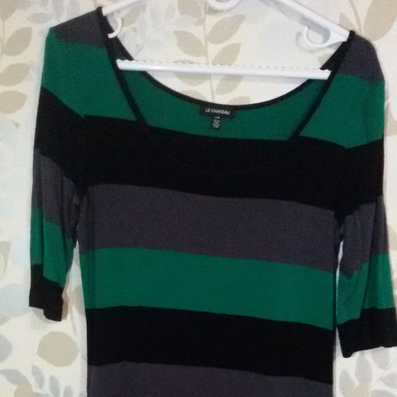 le chateau Green Grey Black Stripes Blouse Sz M/L - Picture 2 of 5